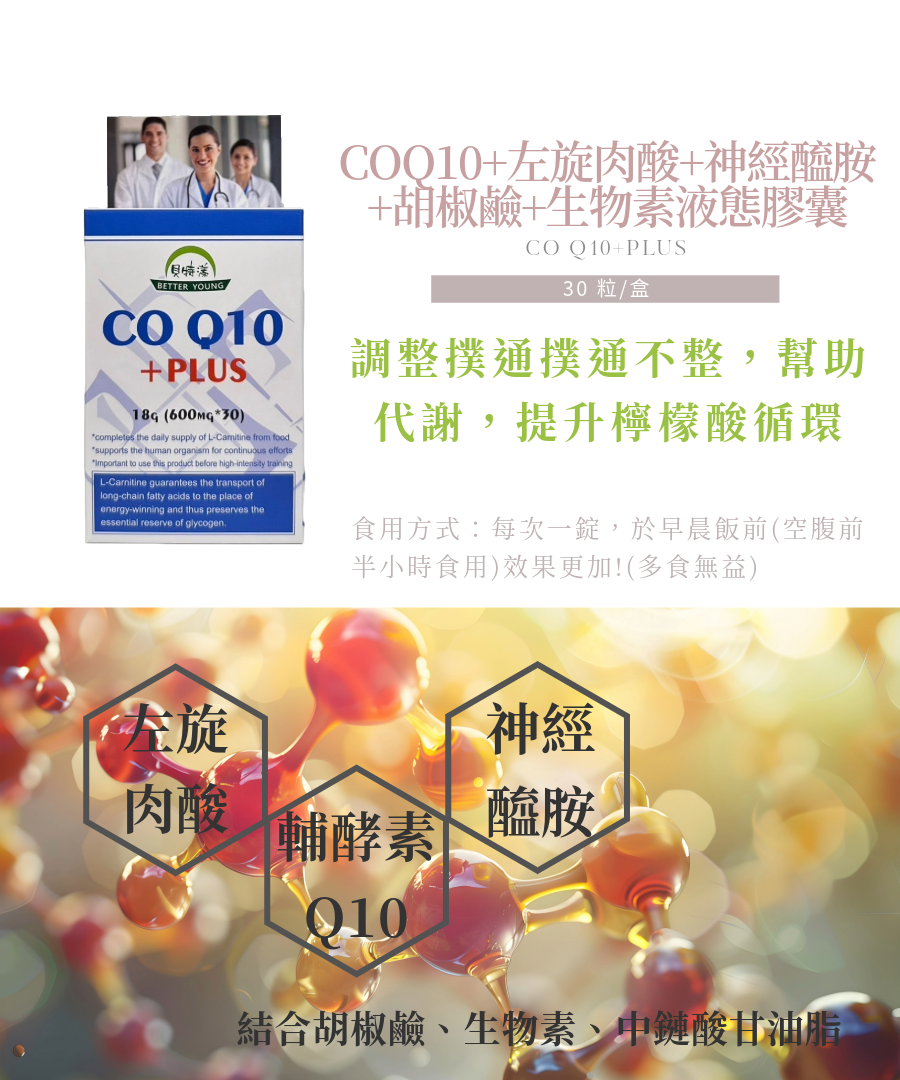 COQ10+左旋肉酸+神經醯胺+胡椒鹼+生物素液態膠囊成分